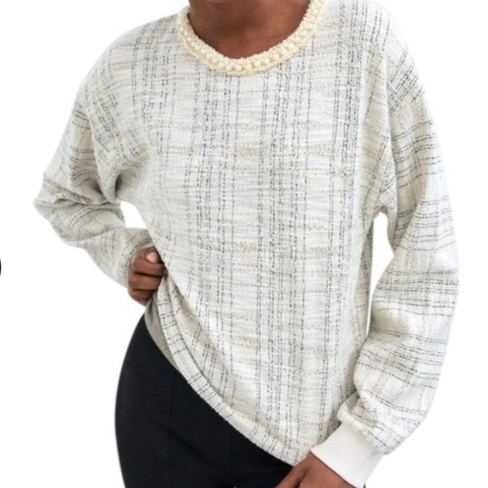 Zara Tweed Sweater Boucle Sweatshirt w/ Pearl Collar Size S NEW